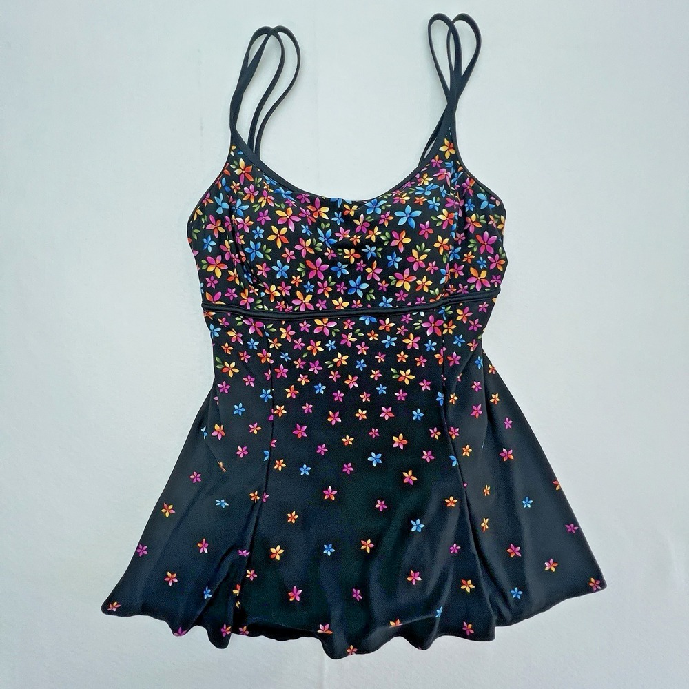 St John's Bay Swimdress Womens 12 Black Floral One Piece Skirted Padded Swimsuit
